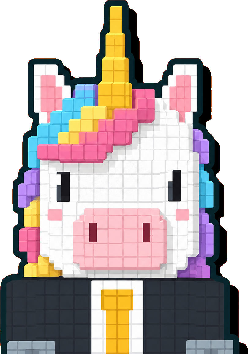 Pixel art unicorn in a black suit and yellow tie